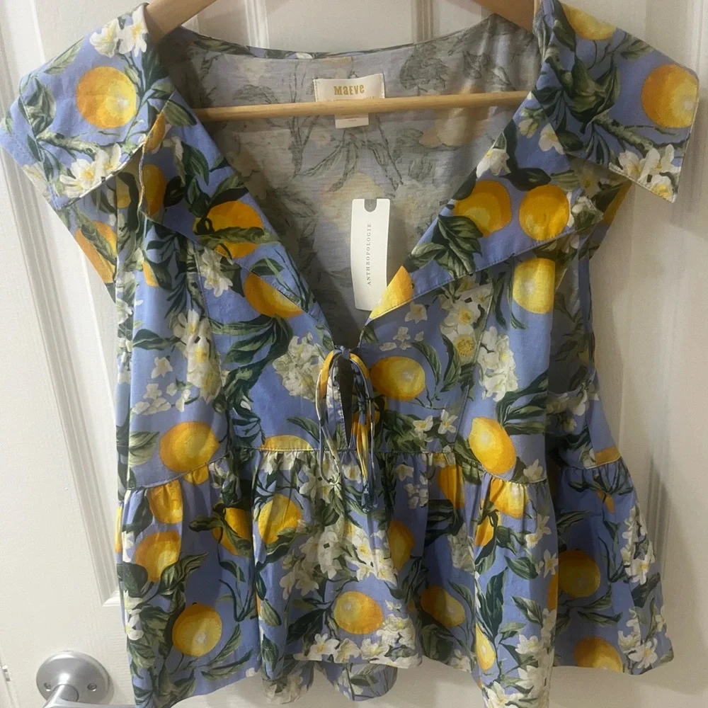 Anthropologie Maeve Lemon Floral Blouse - Blue and Yellow - Picture 1 of 3